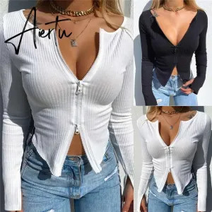 Sexy Deep V Neck Solid Women Blouse Shirts Elegant Rib Knitted Long Sleeve Tops Pullover Autumn Lady Hollow Out Slim Zip Blouses