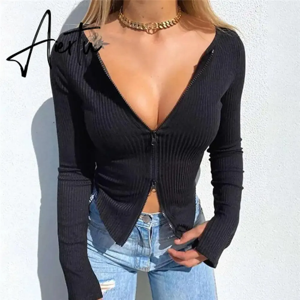 Sexy Deep V Neck Solid Women Blouse Shirts Elegant Rib Knitted Long Sleeve Tops Pullover Autumn Lady Hollow Out Slim Zip Blouses