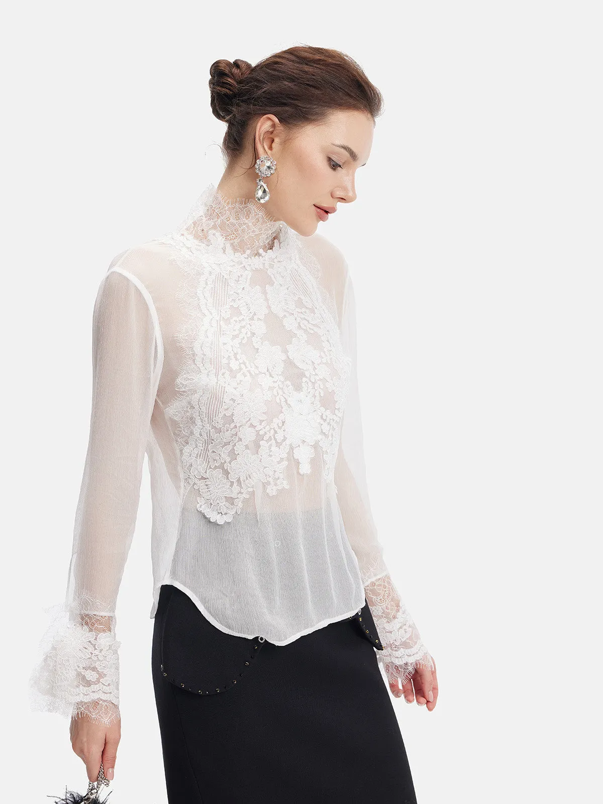 Slim Fit Lace Stand Collar Top