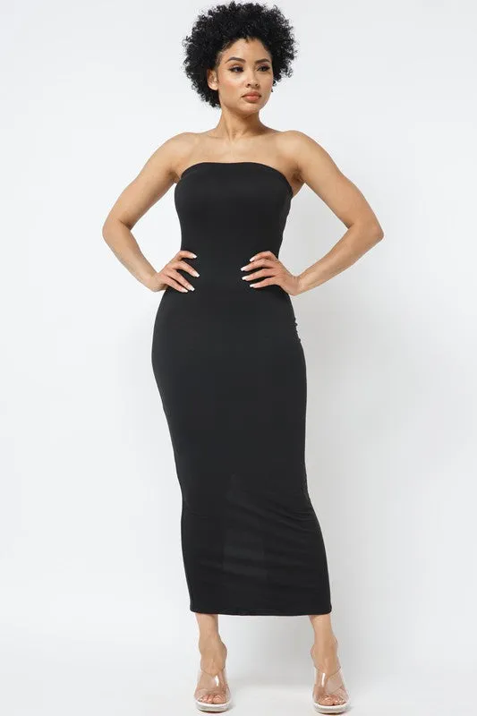 SOLID STRAP LESS DRESS WITH BACK SLIT