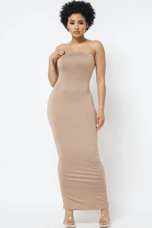 SOLID STRAP LESS DRESS WITH BACK SLIT