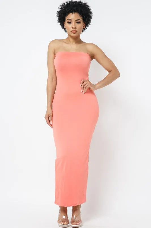 SOLID STRAP LESS DRESS WITH BACK SLIT