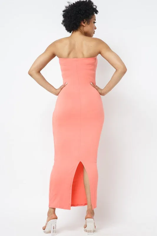 SOLID STRAP LESS DRESS WITH BACK SLIT