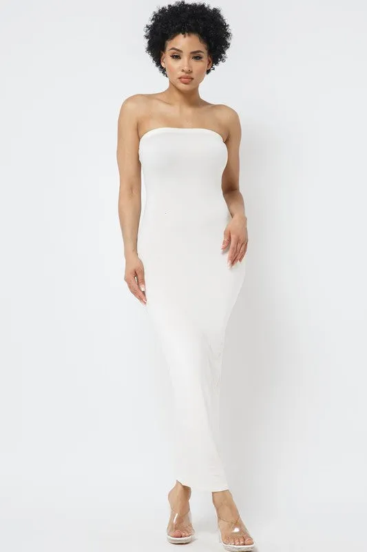 SOLID STRAP LESS DRESS WITH BACK SLIT