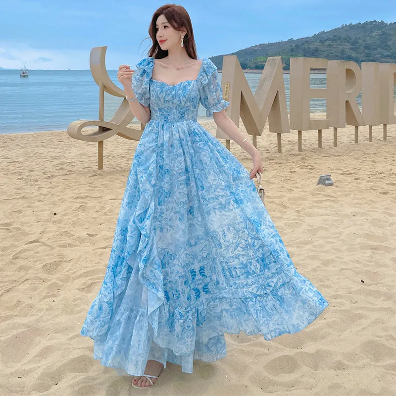 Summer Puff Sleeve Princess Dress Sweet Blue Dress 810