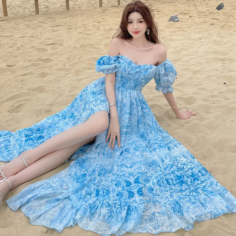 Summer Puff Sleeve Princess Dress Sweet Blue Dress 810