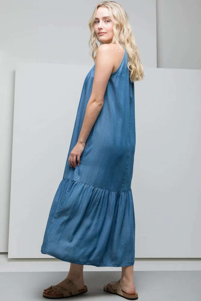 Tiered Halter Neck Denim Dress Blue