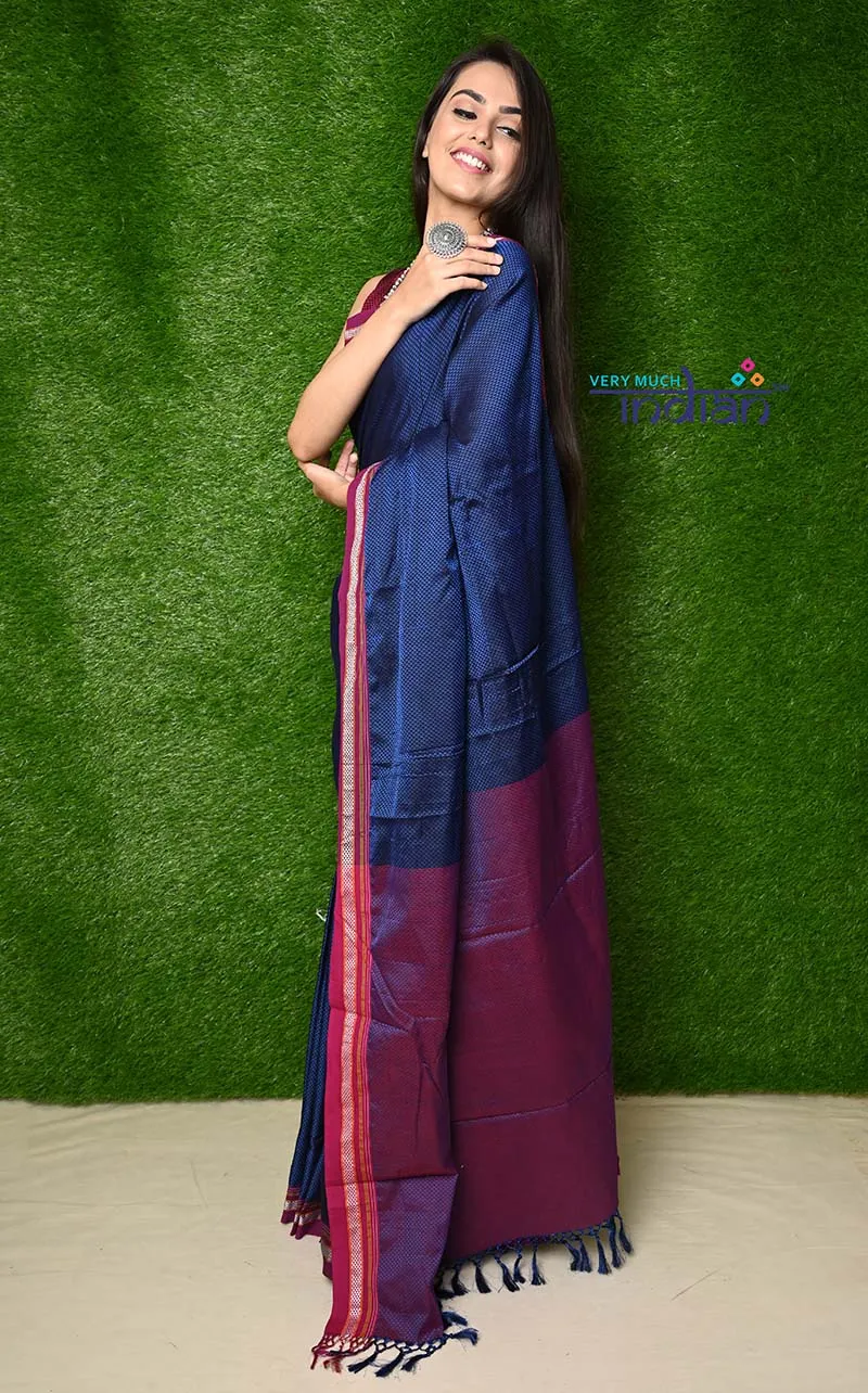 Traditional Khun Saree - Cotton Resham Authentic Handwoven, Bright Blue Khun Saree with Magenta border