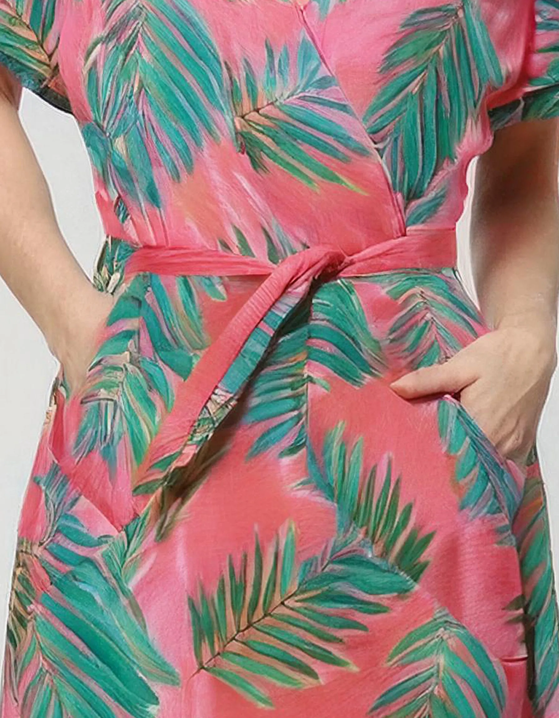 Tropical Leaf Midi Wrap Dress