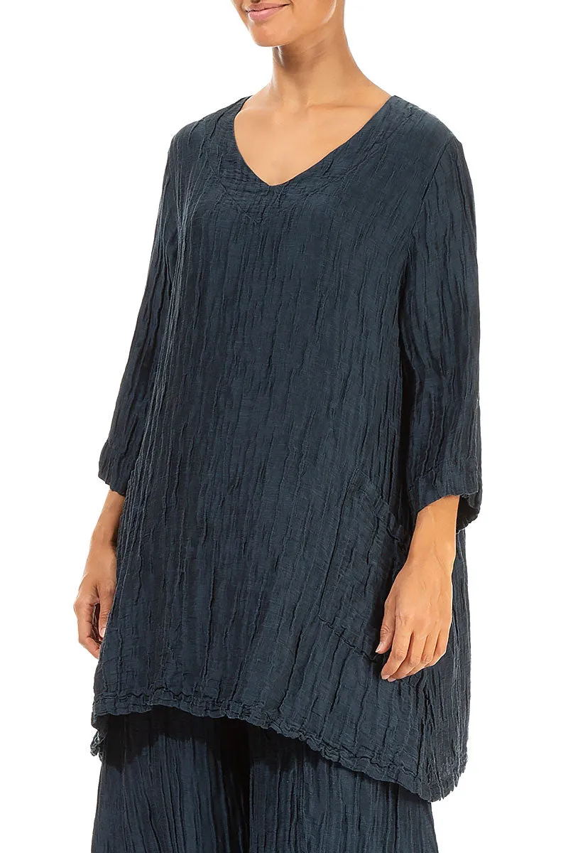 Twin Pockets Crinkled Midnight Blue Silk Linen Tunic