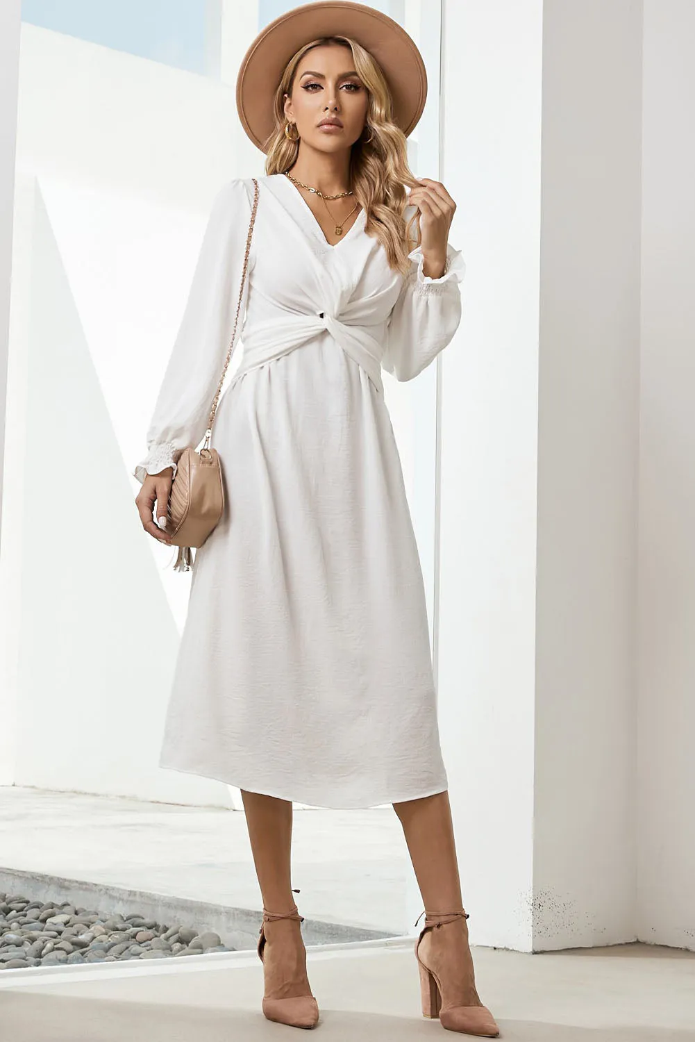 Twist Front V-Neck Flounce Sleeve Dress