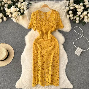 V-neck Short-sleeved Mid-length Lace Cutout Sexy Dress 489