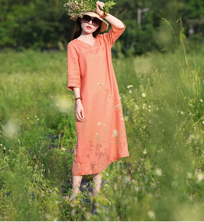 V Neck Women Dresses Casual Summer Linen Women Dresses SJ97215