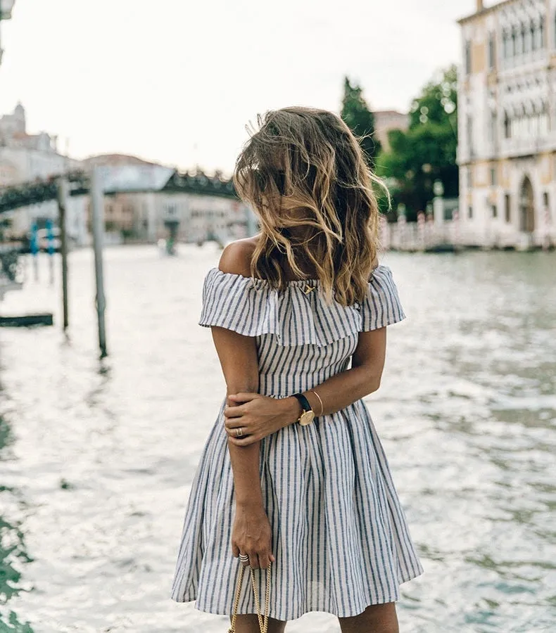 VenusFox Sexy Striped off shoulder Casual Dress