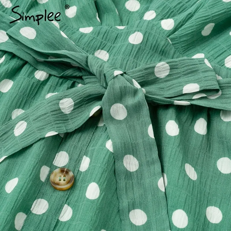 VenusFox Sexy V neck polka dot green summer dress