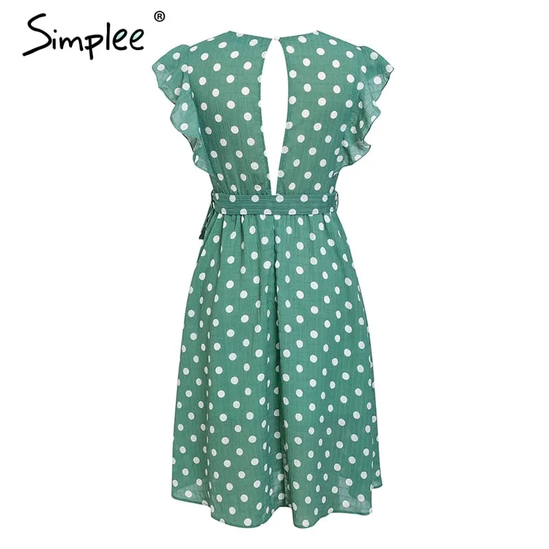 VenusFox Sexy V neck polka dot green summer dress