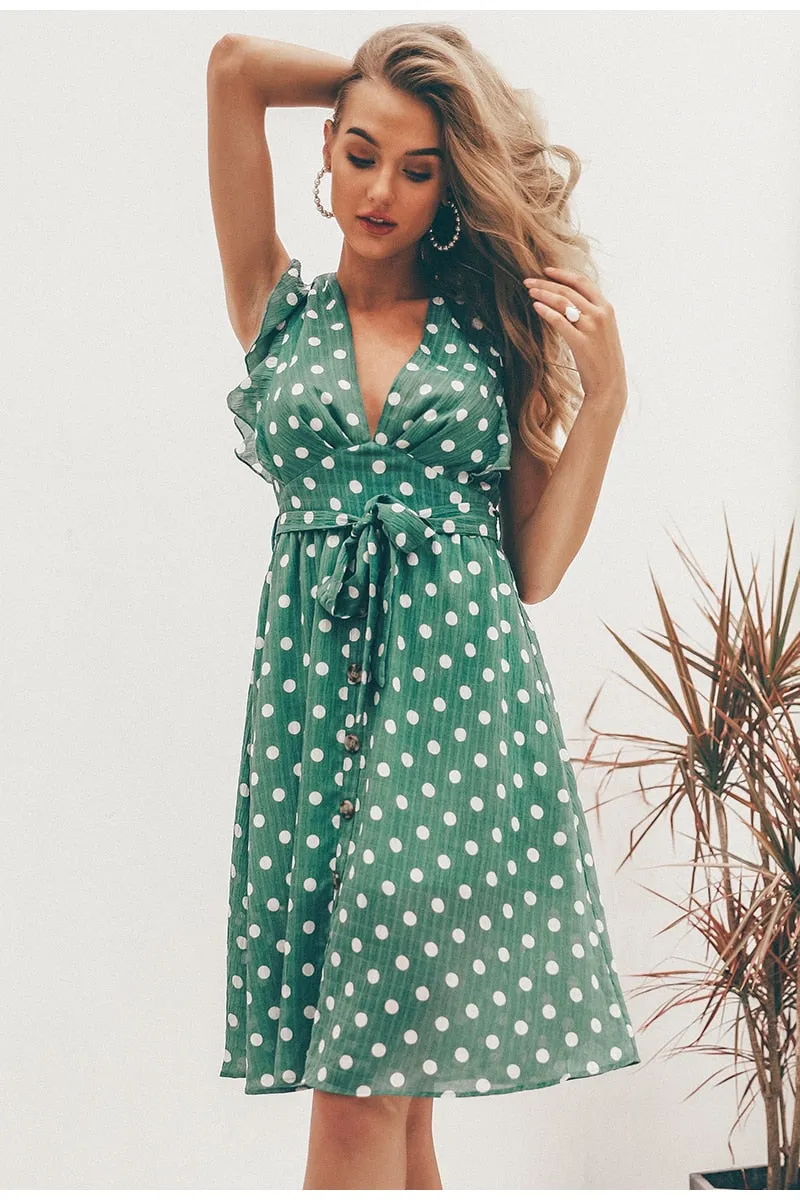 VenusFox Sexy V neck polka dot green summer dress