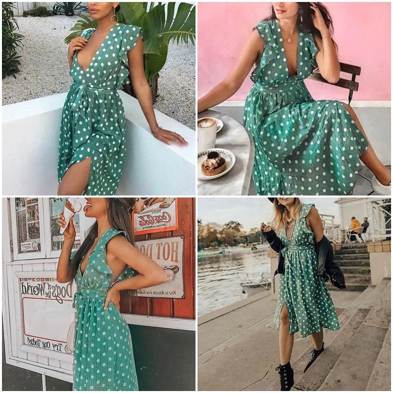 VenusFox Sexy V neck polka dot green summer dress