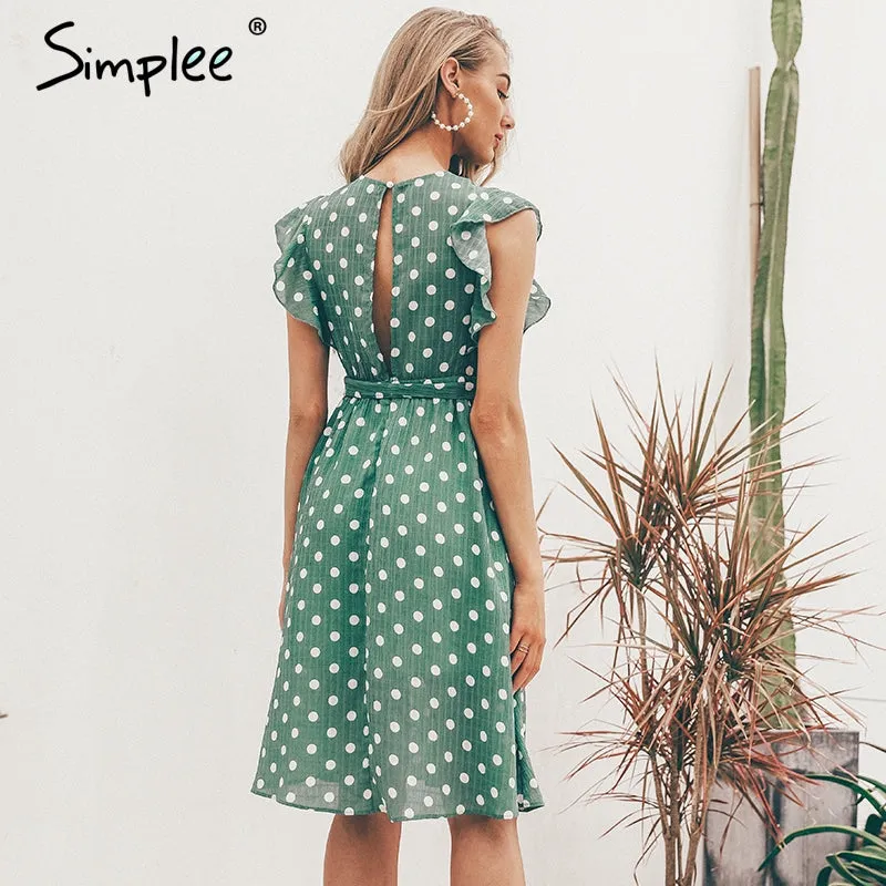 VenusFox Sexy V neck polka dot green summer dress