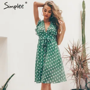 VenusFox Sexy V neck polka dot green summer dress