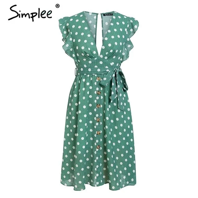 VenusFox Sexy V neck polka dot green summer dress