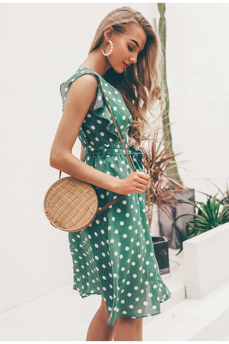 VenusFox Sexy V neck polka dot green summer dress