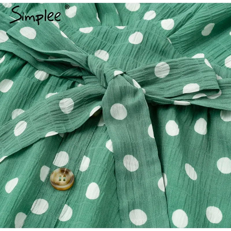 VenusFox Sexy V neck polka dot green summer dress