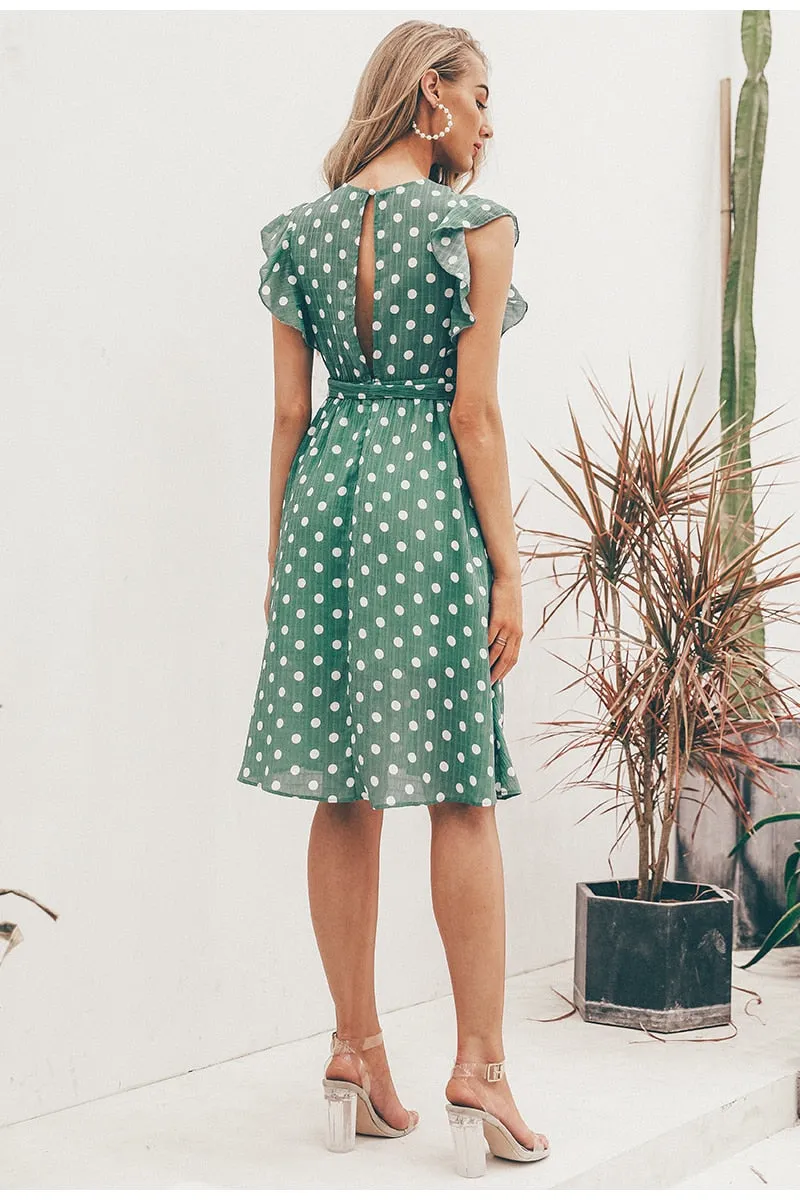 VenusFox Sexy V neck polka dot green summer dress