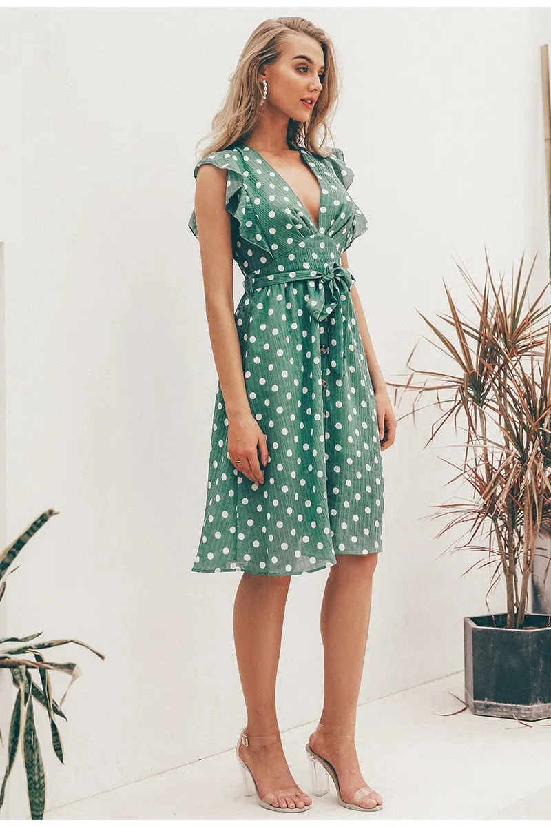 VenusFox Sexy V neck polka dot green summer dress