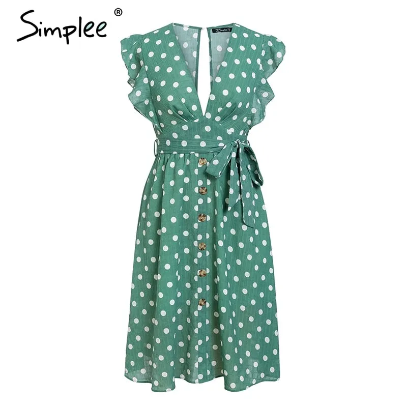 VenusFox Sexy V neck polka dot green summer dress