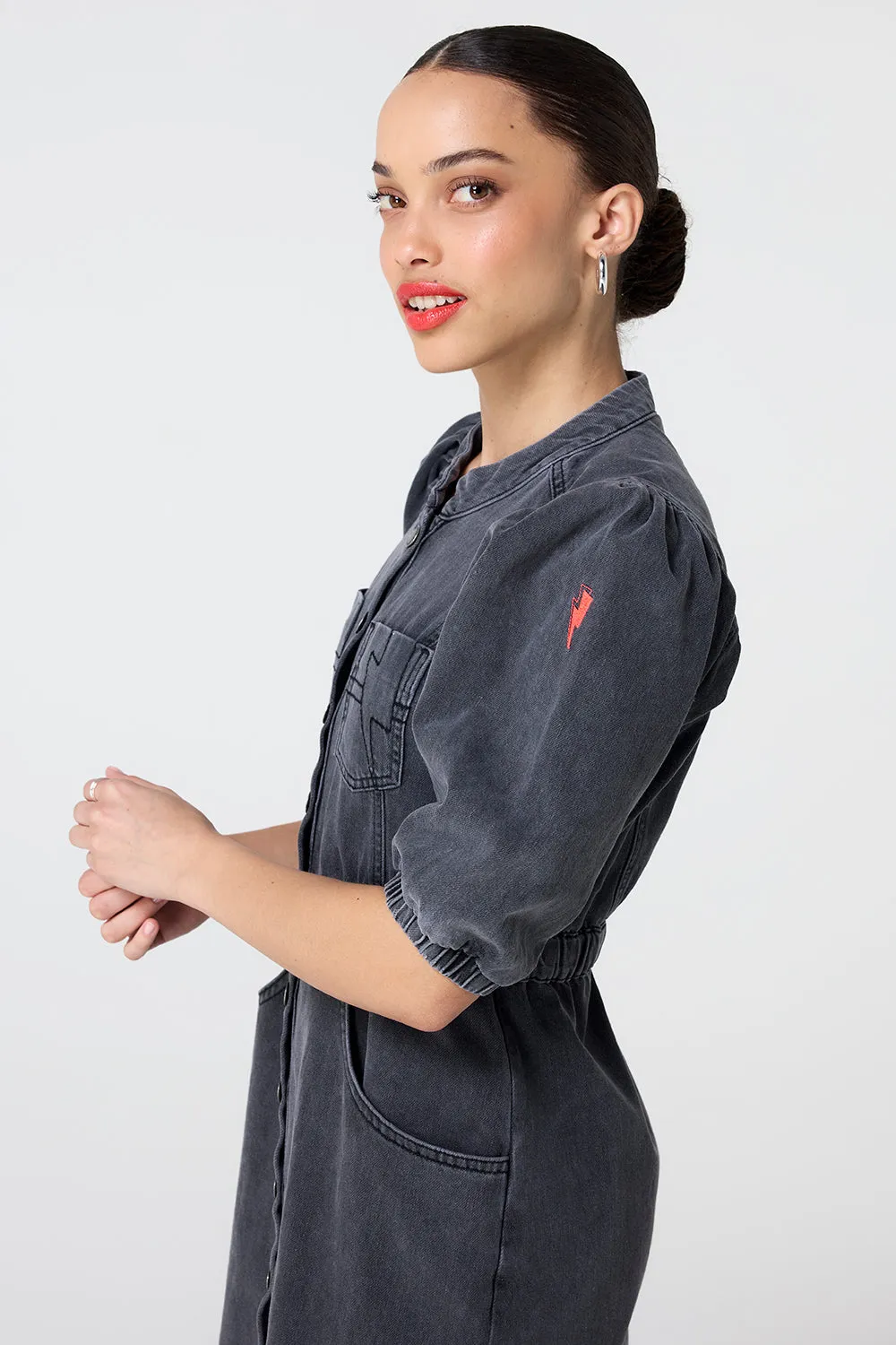 Washed Black Elastic Waist Denim Dress