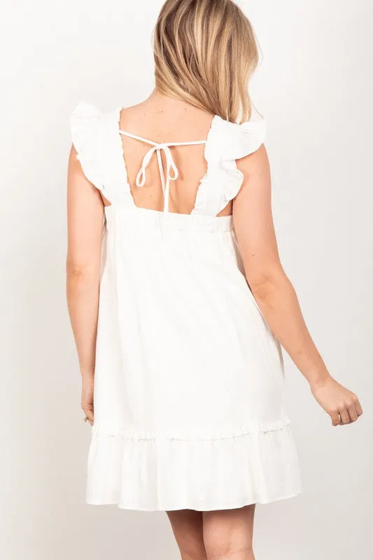 White Ruffled Solid Linen Backless Mini Dress