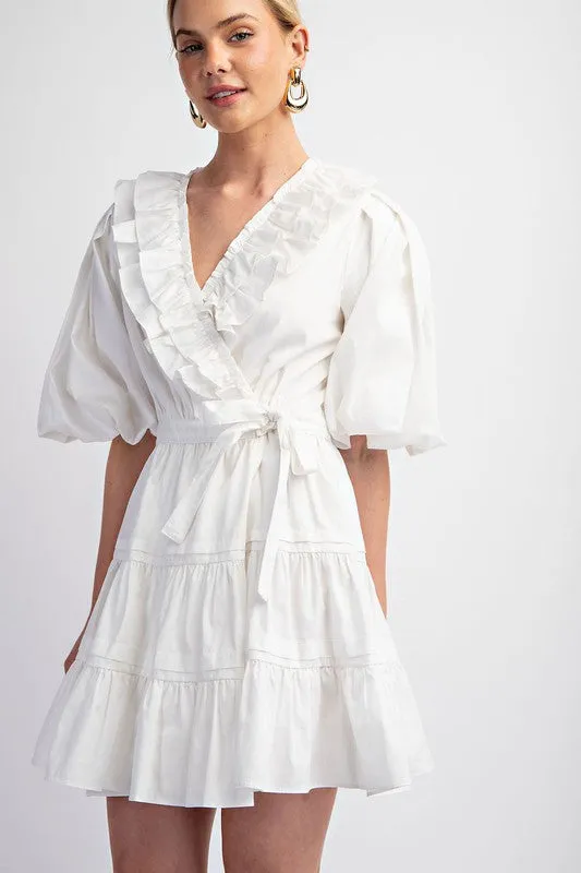 White Tiered Wrap Mini Dress