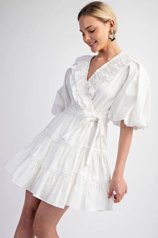 White Tiered Wrap Mini Dress