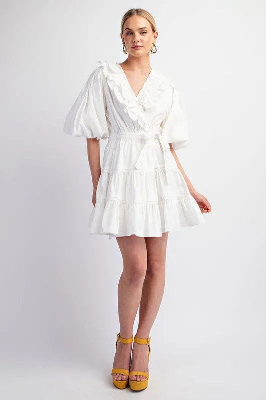 White Tiered Wrap Mini Dress