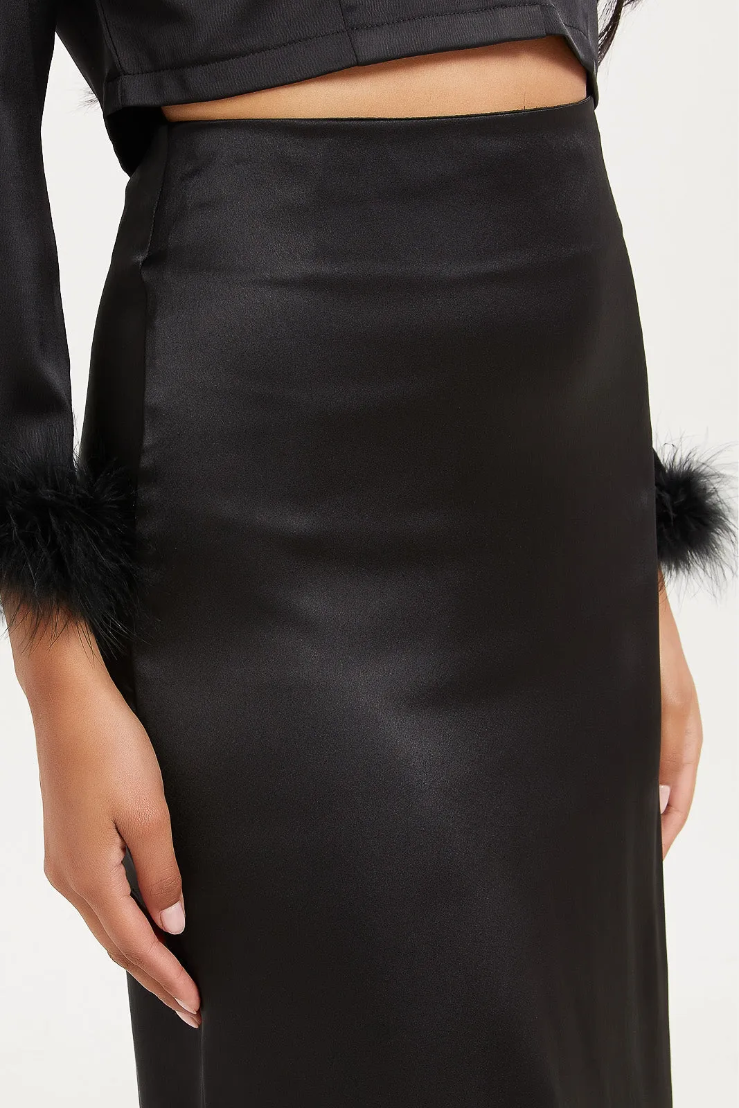 Women Black Satin Midi Skirt