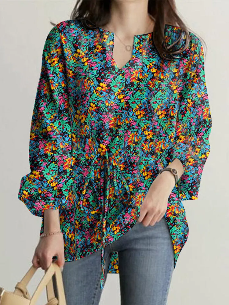 Women Floral Printed Flare Sleeve Elastic Cuff Drawstring Waist Casual Shirts