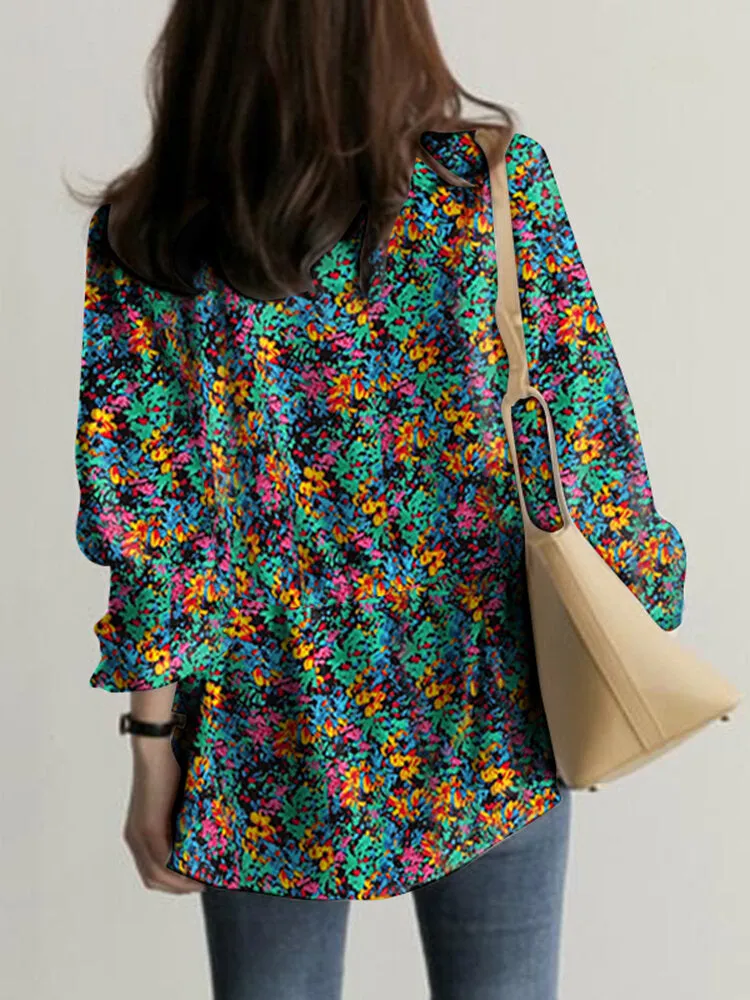 Women Floral Printed Flare Sleeve Elastic Cuff Drawstring Waist Casual Shirts