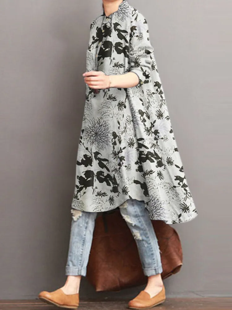 Women Floral Printed Knee Length High Low Stand Collar Button Cuffs Shirts