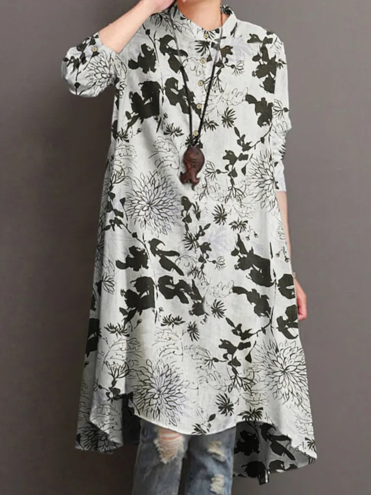 Women Floral Printed Knee Length High Low Stand Collar Button Cuffs Shirts