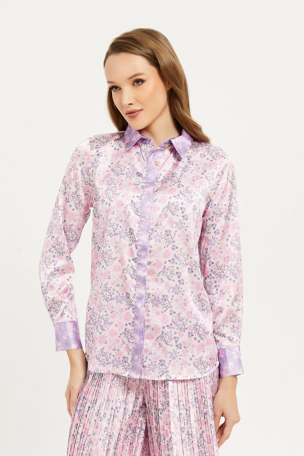 Women Purple Printed Long Sleeve Blouse