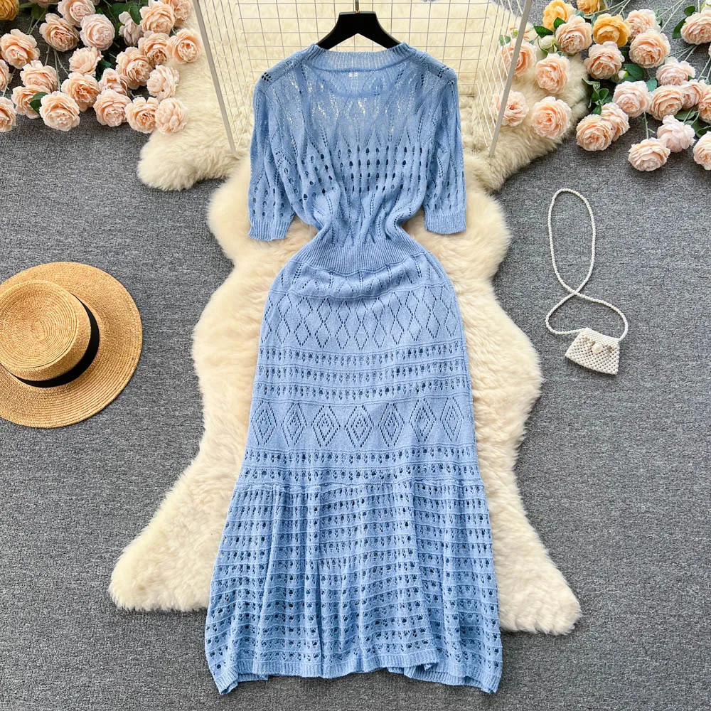 Women's Summer Hollow Knitted Dress Suspender Skirt Two-piece Set 477