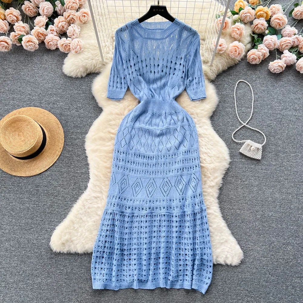 Women's Summer Hollow Knitted Dress Suspender Skirt Two-piece Set 477