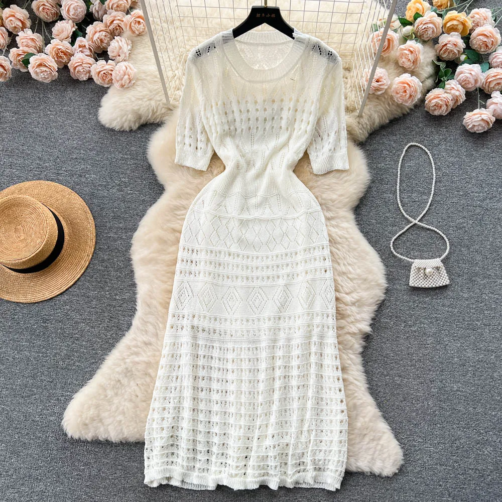 Women's Summer Hollow Knitted Dress Suspender Skirt Two-piece Set 477