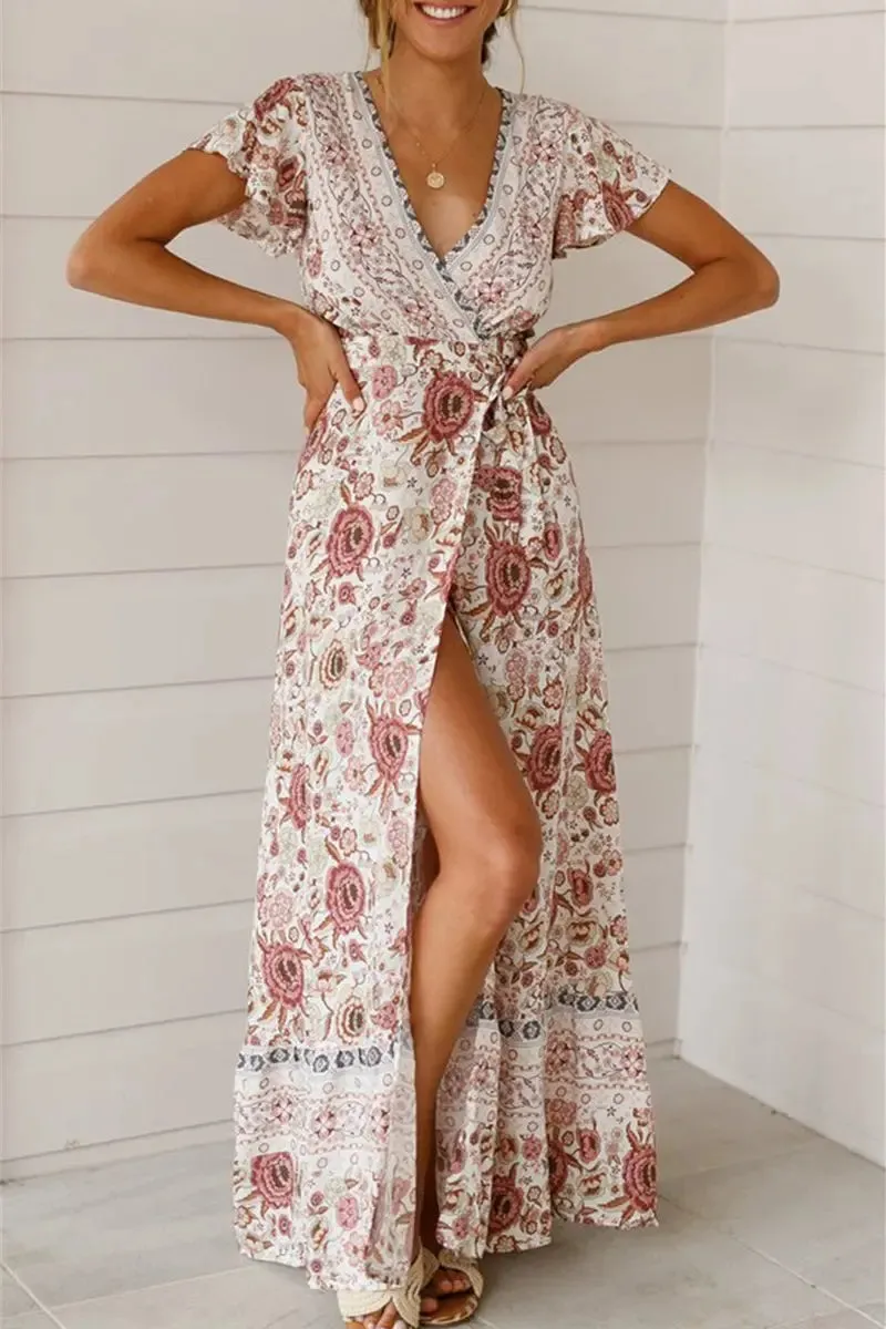 Wrap V Neck Summer Floral Split Casual Maxi Dresses