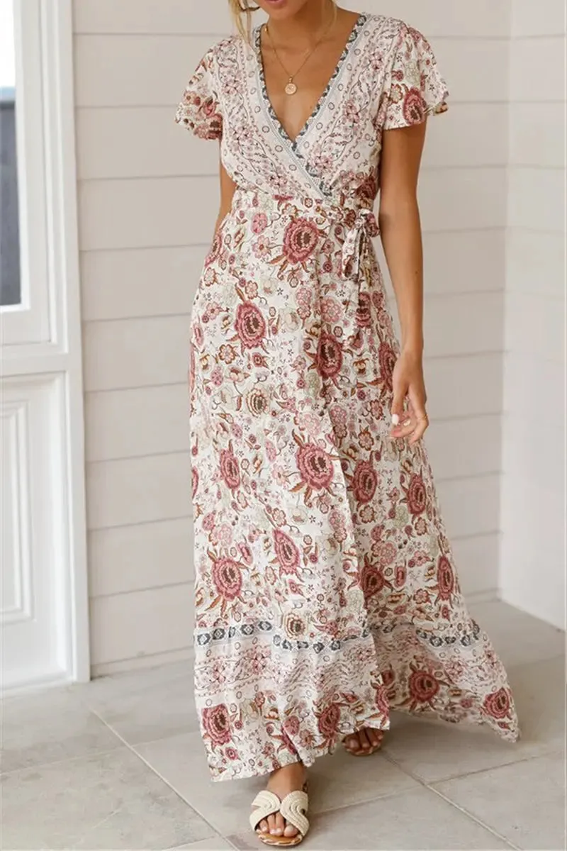 Wrap V Neck Summer Floral Split Casual Maxi Dresses