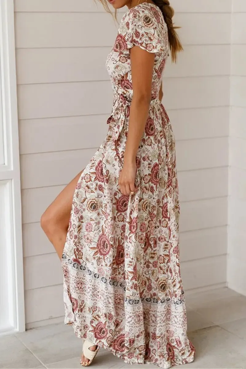 Wrap V Neck Summer Floral Split Casual Maxi Dresses