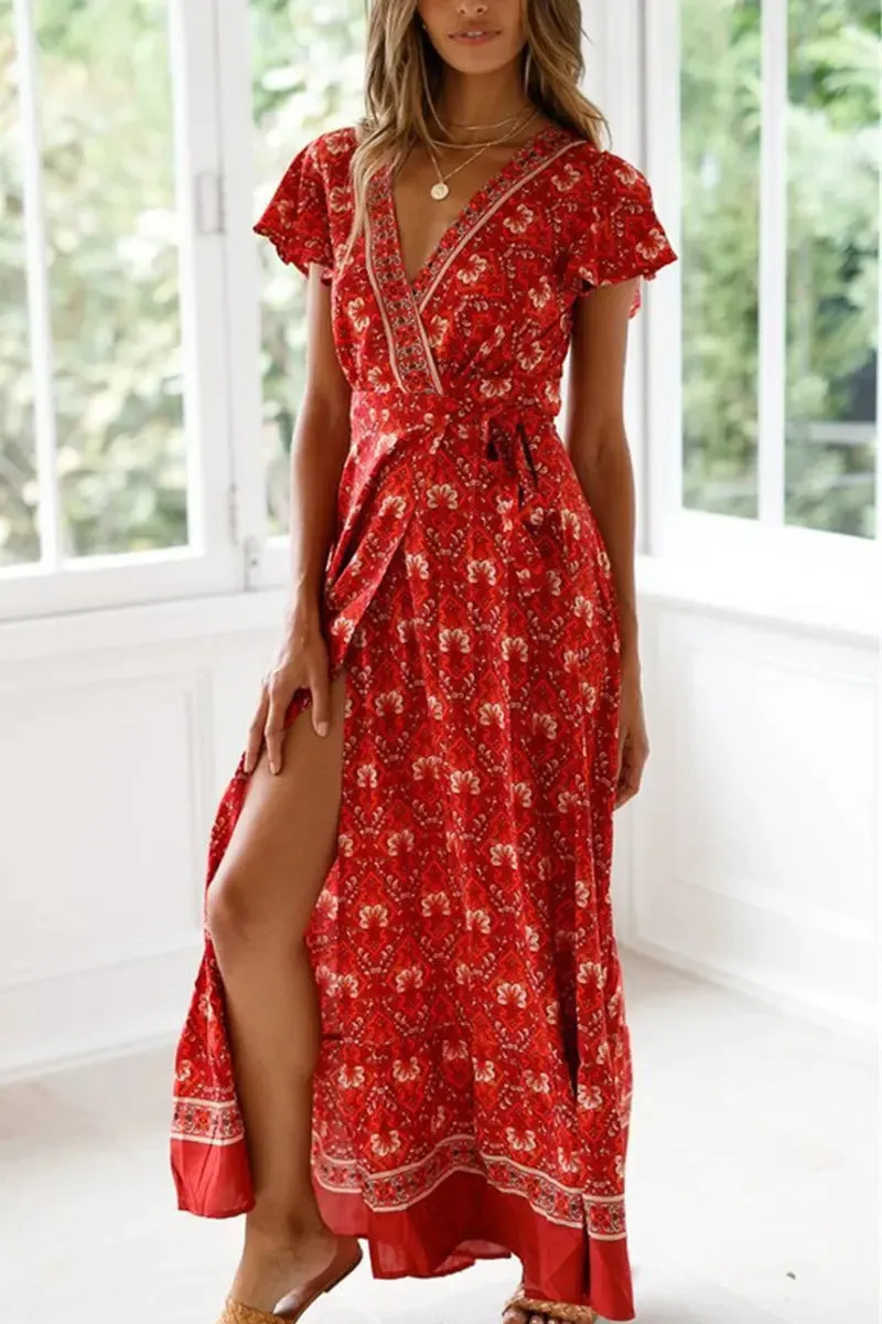 Wrap V Neck Summer Floral Split Casual Maxi Dresses