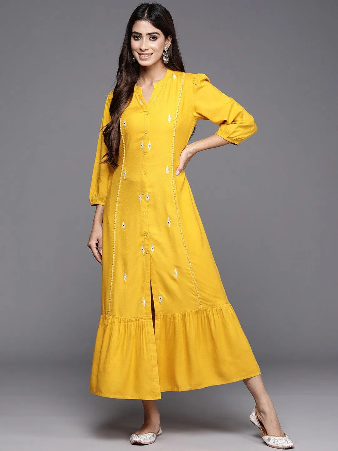 Yellow Embroidered Rayon Maxi Dress