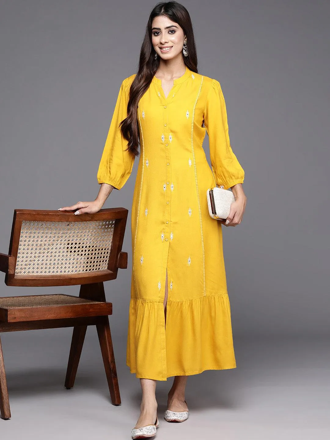 Yellow Embroidered Rayon Maxi Dress